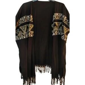 WORLD MARKET Black Embroidered Lace Fringe Open Front Kimono Free Size MSRP $110